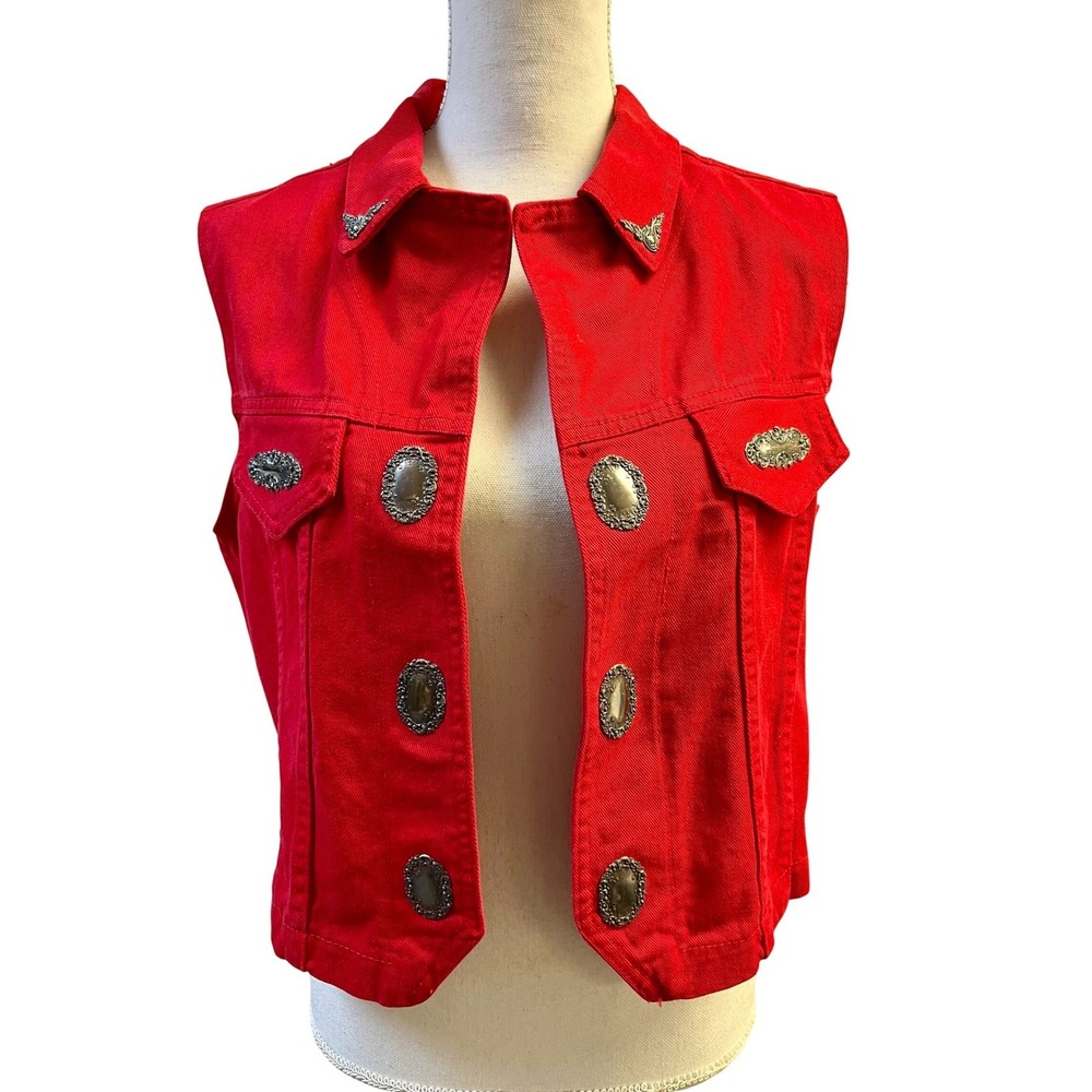 Watch L.A. Denim Vest L Red Western Concho Cropped Rodeo Cowgirl Rockabilly 90s